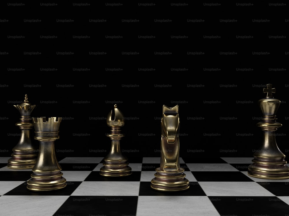 Foto Um tabuleiro de xadrez com peças de ouro sobre ele – Imagem